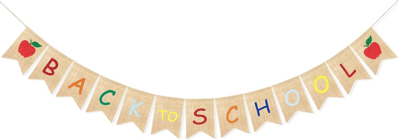 Back to School Banner Burlap Apple Sign First Day of School Decorations (red, orange, green, black & yellow) 7"L x 5"W